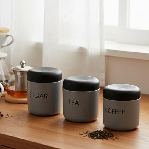 Premium Tea Sugar Coffee Canister Set of 3, Modern Grey Colour with Black Lids, Stainless Steel Matte Storage Jars, Ideal for Gifting, Dishwasher Safe